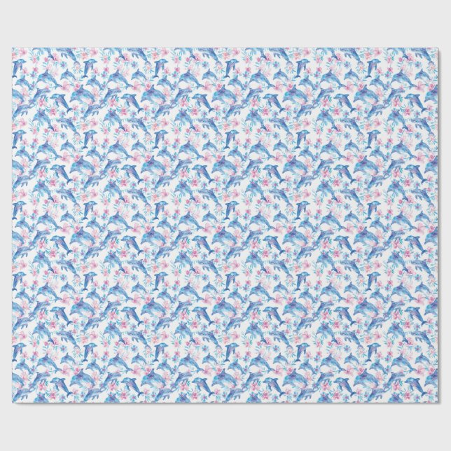 Watercolor Dolphin Floral Wrapping Paper (Flat)