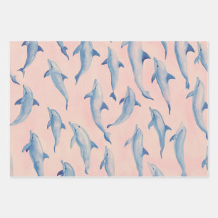 Watercolor Dolphin Pattern Coastal Beach Ocean  Wrapping Paper Sheet