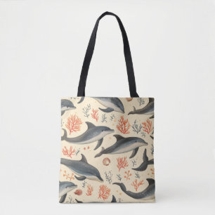 Watercolor Dolphin Pattern Coastal Ocean Coral Tote Bag