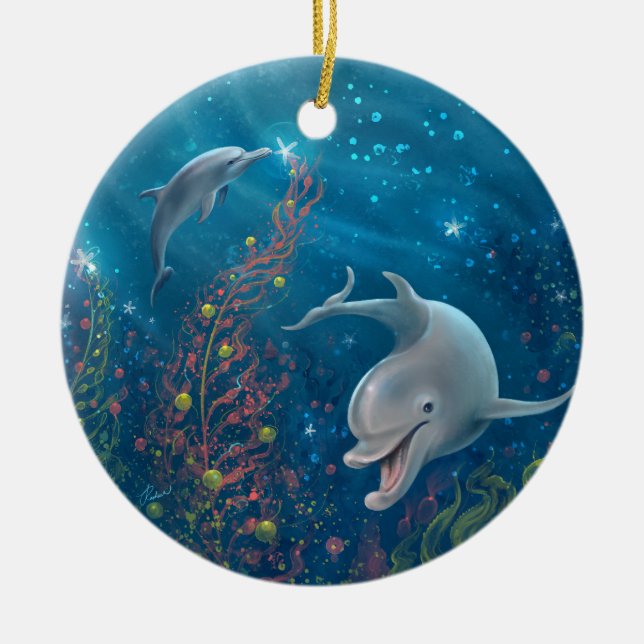 Watercolor Dolphin Peace and Joy Christmas Ceramic Ornament (Front)