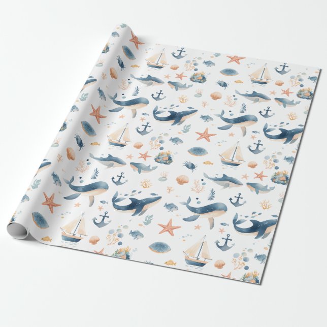 Watercolor Dolphin Seamless Pattern Wrapping Paper (Unrolled)