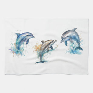 Watercolor Dolphin Trio  Tea Towel