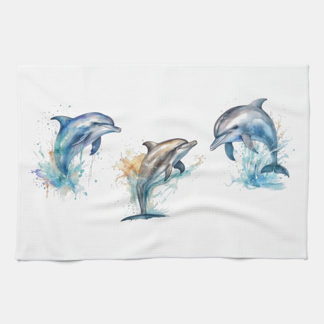 Watercolor Dolphin Trio  Tea Towel (Horizontal)