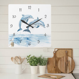 Watercolor Dolphins Coastal Summer Square Wall Clock