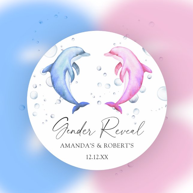 Watercolor Dolphins Gender Reveal Classic Round Sticker (Creator Uploaded)