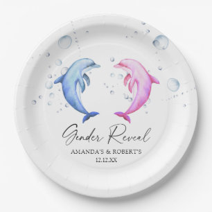 Watercolor Dolphins Gender Reveal Paper Plate