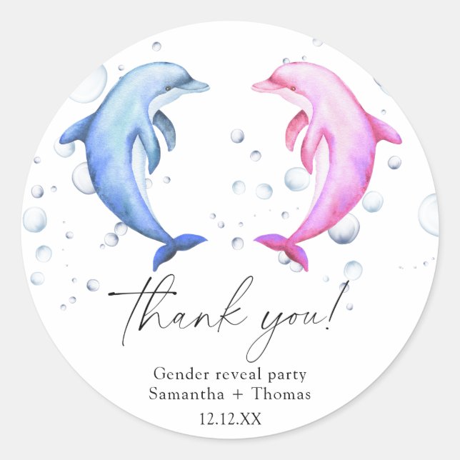 Watercolor Dolphins Gender Reveal Thank you Classic Round Sticker (Front)