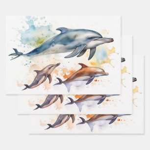 Watercolor Dolphins in Ocean Waves Wrapping Paper Sheet