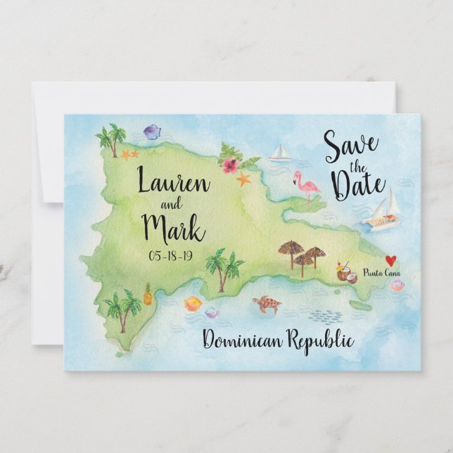 Watercolor Domincan Republic Map Save the Date (Front)