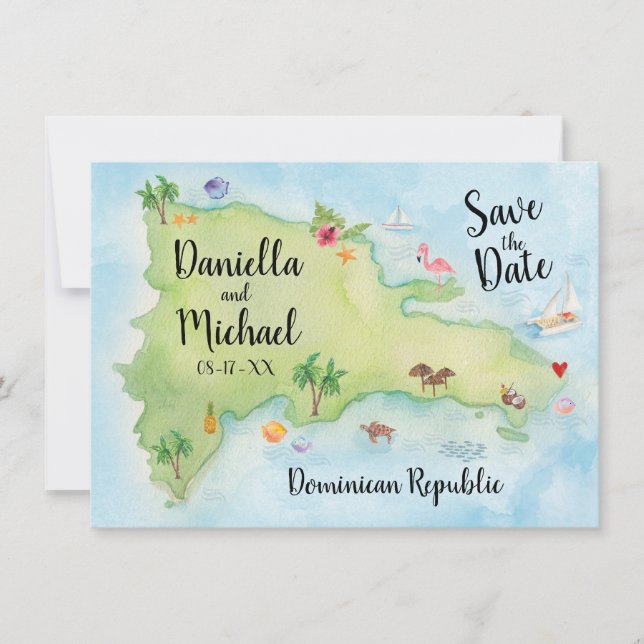 Watercolor Domincan Republic Map Save the Date (Front)