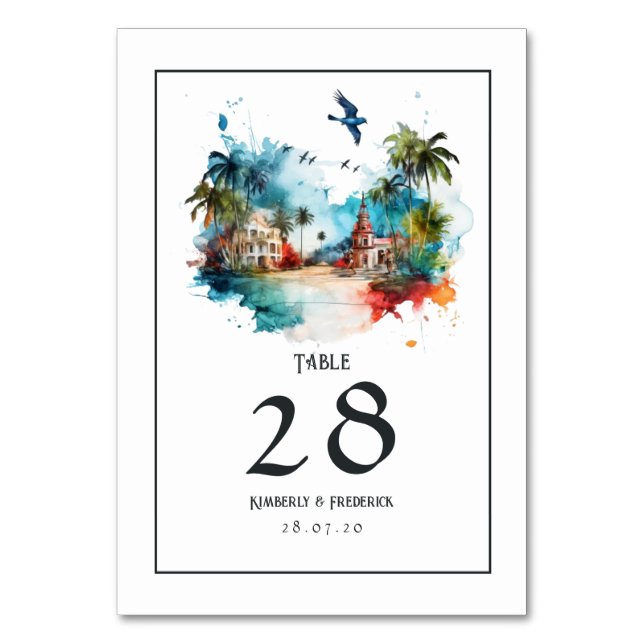 Watercolor Dominican Republic Destination Wedding Table Number (Front)