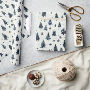 Watercolor Doodle Christmas Trees and Snowflakes Wrapping Paper