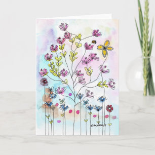 Watercolor Doodle Flowers, Folk Art Print Card