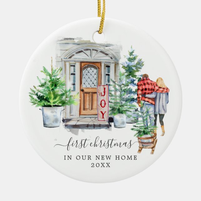 Watercolor Door | First Christmas New Home Ceramic Ornament (Front)