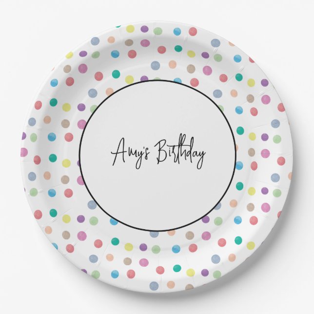 Watercolor Dots Hand Painted Colourful Birthday  Paper Plate (Front)