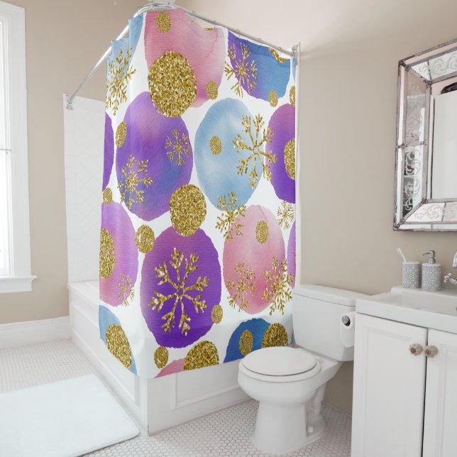 Watercolor Dots with Golden Glitters and Snowflake Shower Curtain (In Situ)