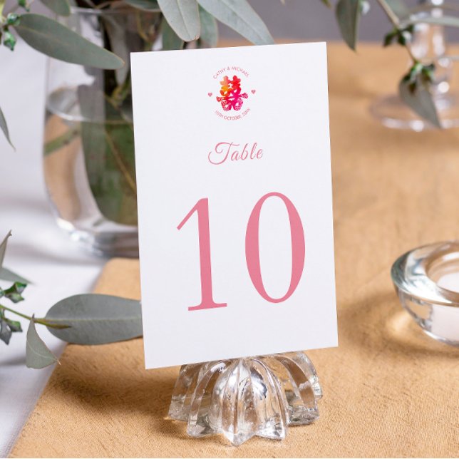 Watercolor double happiness floral Chinese wedding Table Number (Creator Uploaded)