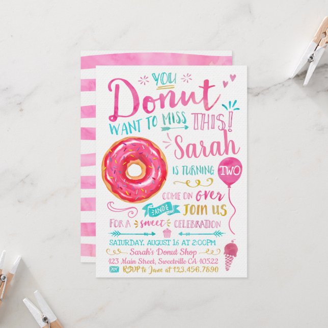 Watercolor Doughnut Birthday Invitation (Front/Back In Situ)