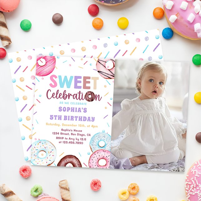Watercolor Doughnut Sweet Birthday Photo Invitatio Invitation (Creator Uploaded)