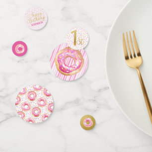 Watercolor Doughnut Sweet One Pink & Gold Birthday Confetti