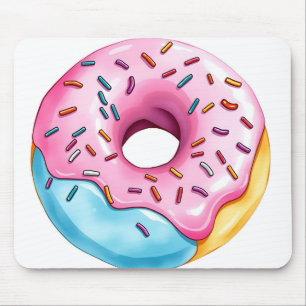 Watercolor Doughnut with Icing and Sprinkles on Wh Mouse Pad