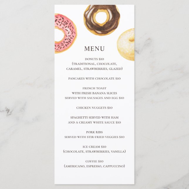 Watercolor doughnuts. Simple bakery cafe dessert Menu (Front)