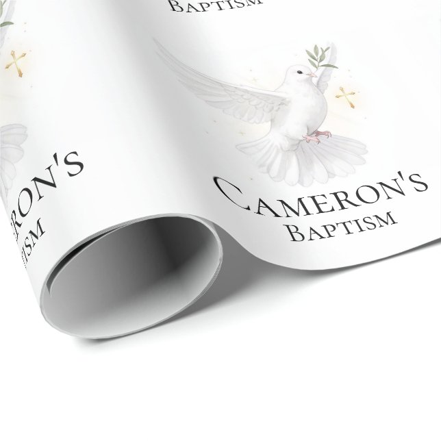 Watercolor Dove and Gold Cross Elegant Baptism Wrapping Paper (Roll Corner)
