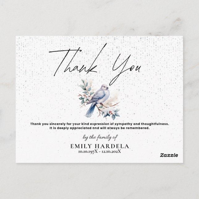 Watercolor Dove Funeral Simple Script Thanks Card (Back)