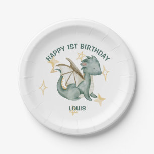 watercolor dragon and stars happy birthday paper p plate
