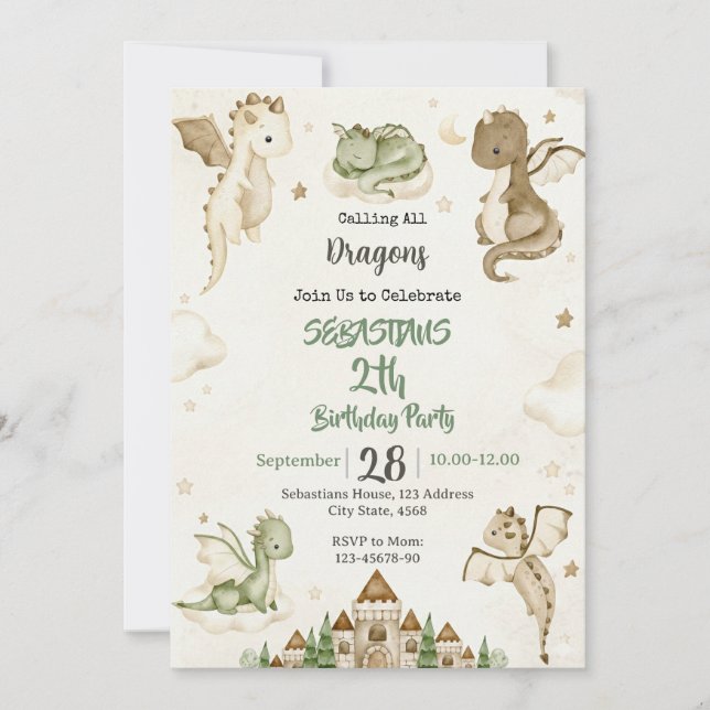 Watercolor Dragon Birthday Party Invitation (Front)