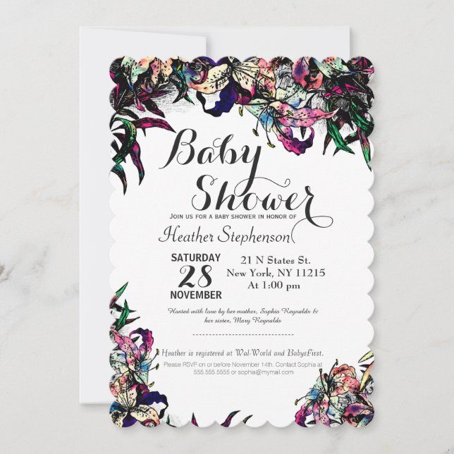 Watercolor Dragon Lilies Baby Shower Invitations (Front)