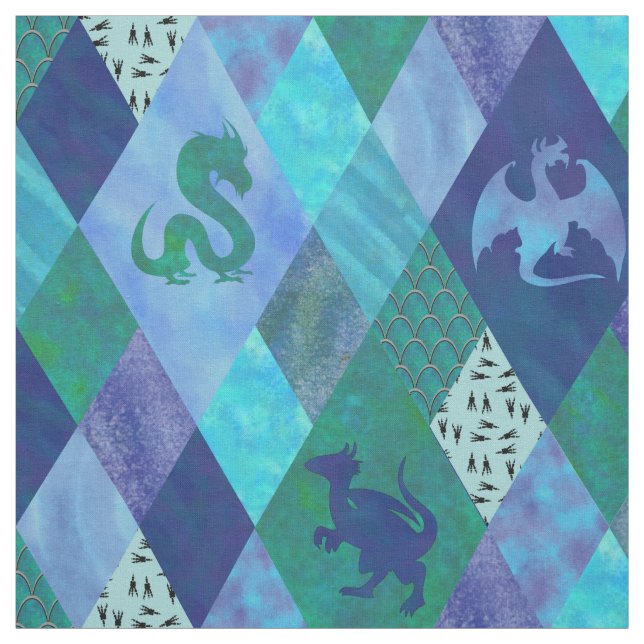Watercolor Dragon Patchwork Quilt in Blue Green Fabric (Swatch)