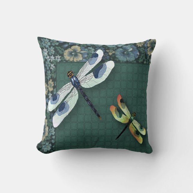 Watercolor Dragonflies And Calico Pillow (Front)