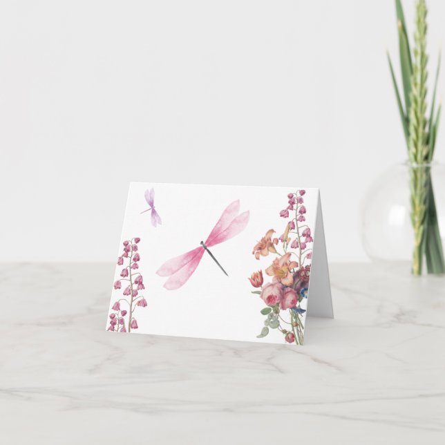 Watercolor Dragonflies & Flowers Note Card (Front)
