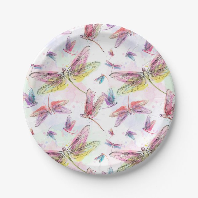 Watercolor Dragonflies Paper Plate (Front)