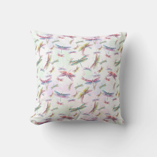 Watercolor Dragonflies Teal Lavender Blue White Cushion (Front)