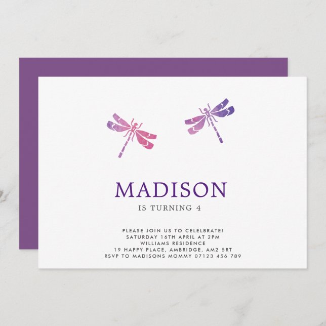 Watercolor Dragonfly Birthday Party Invitation (Front/Back)