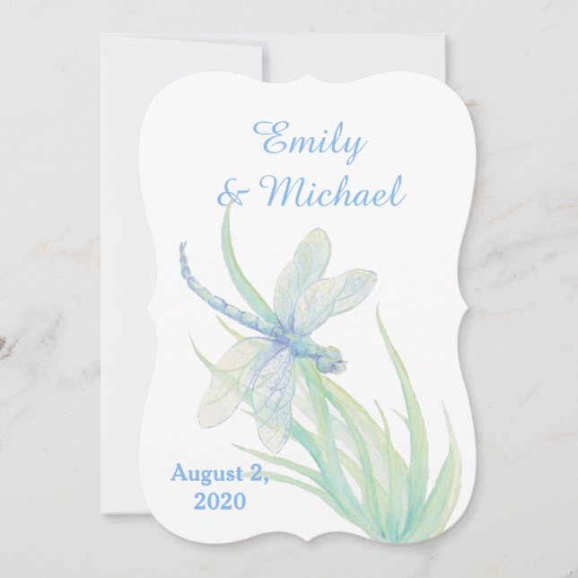 Watercolor Dragonfly Blue Green Nature Wedding Invitation (Front)