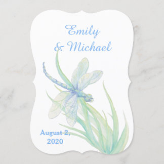 Watercolor Dragonfly Blue Green Nature Wedding Invitation
