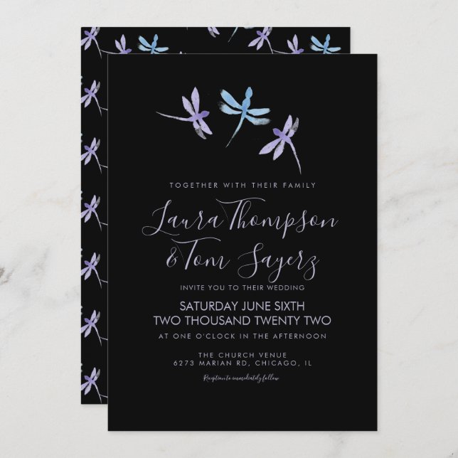 Watercolor Dragonfly Elegant Script Wedding  Black Invitation (Front/Back)