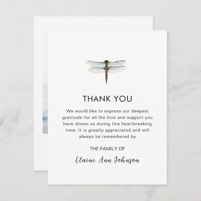 Watercolor Dragonfly Funeral Photo Thank you  (Front/Back)