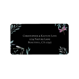 Watercolor Dragonfly Garden Greenery Black Address Label
