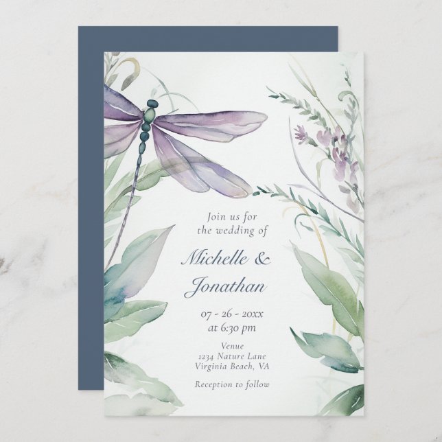 Watercolor Dragonfly | Greenery All in One Wedding Invitation (Front/Back)