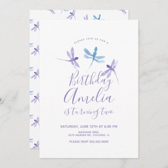 Watercolor Dragonfly  Purple Blue Birthday Party (Front/Back)