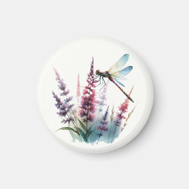 Watercolor Dragonfly Purple Wildflower Nature Art Magnet (Front)