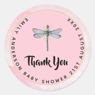 Watercolor DRAGONFLY Thank You Baby Shower PinkBlu Classic Round Sticker