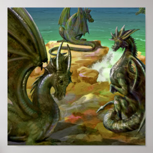 Watercolor Dragons Fantasy Art Poster