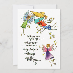 Watercolor drawing four colourful angels are near holiday card