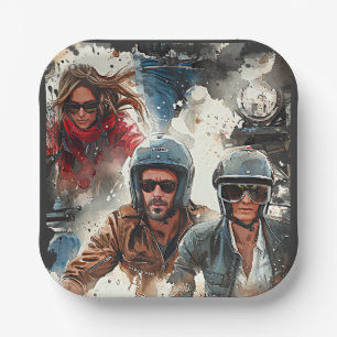 Watercolor drawing MotoBikers Paper Plate