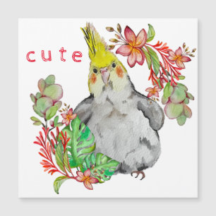 Watercolor drawing of a funny parrot in flowers po